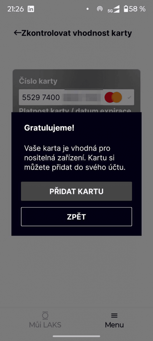 Podle aplikace LAKS Pay jsou podporované karty Mastercard od Komerční banky. Kartu Visa mi aplikace zamítla. (20. 10. 2025)