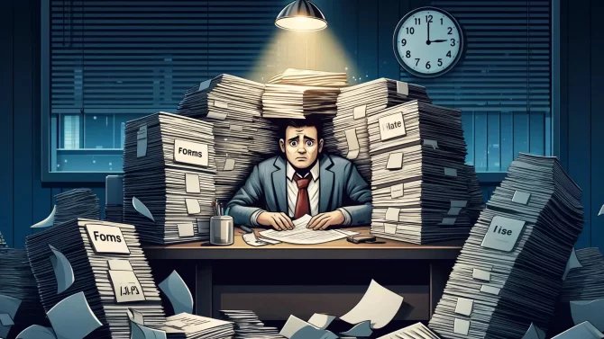 2.4.25 /2x/ byrokracie, papíry, podnikatel, formuláře