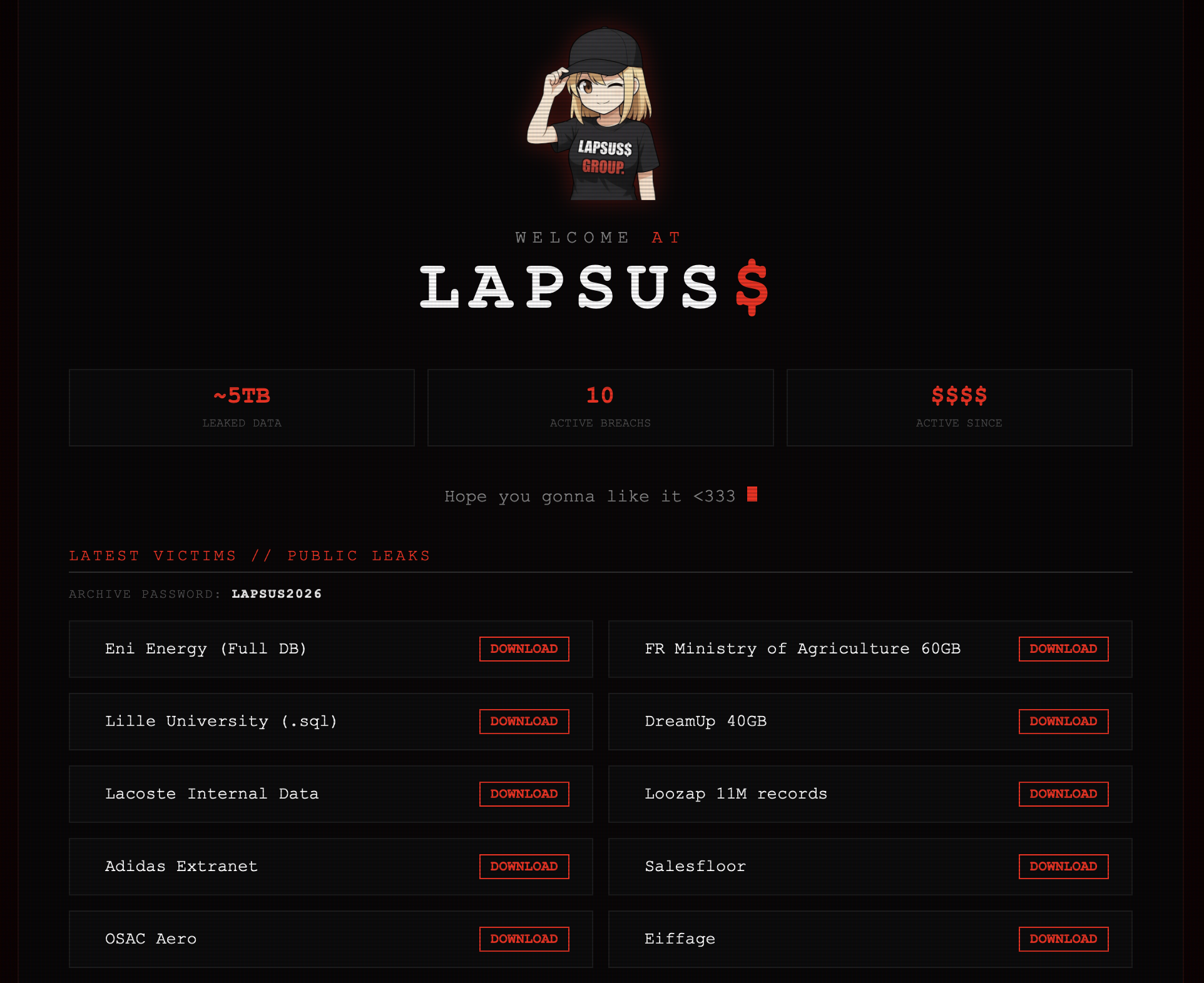 Stránka skupiny Lapsus$ s českou doménou na Internet Archive