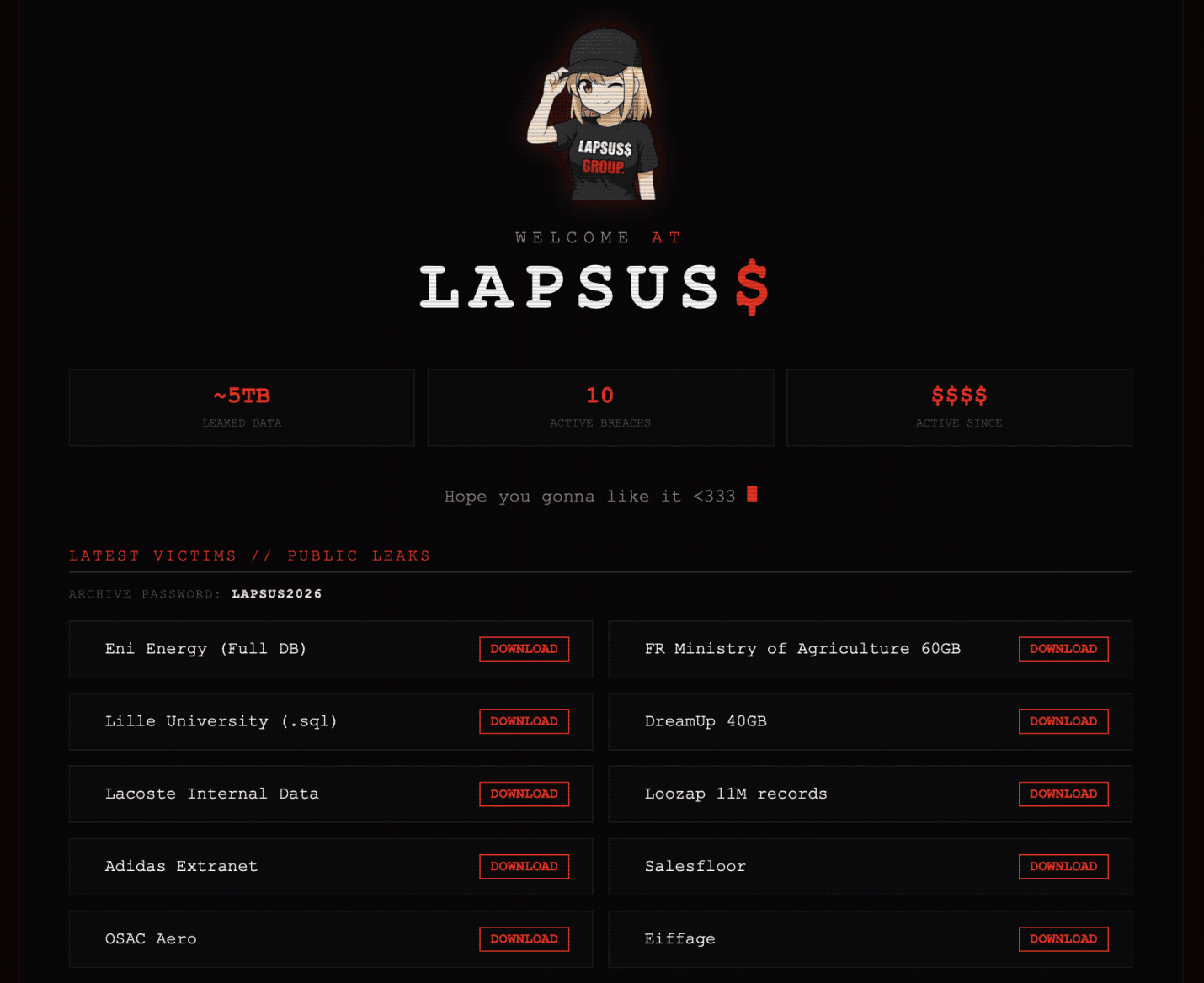 Stránka skupiny Lapsus$ s českou doménou na Internet Archive