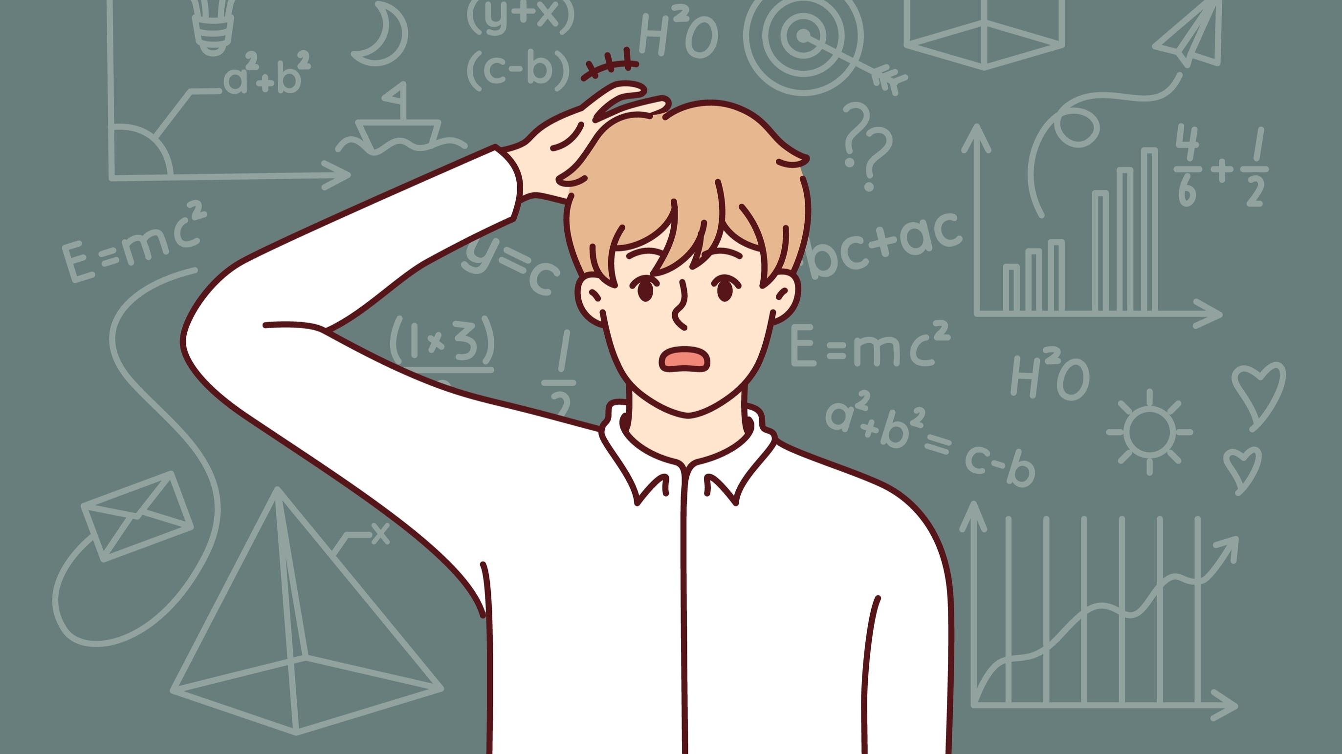 Kreslený obrázek, na kterém chlapec stojí před tabulí s výpočty a má ruku na hlavě.