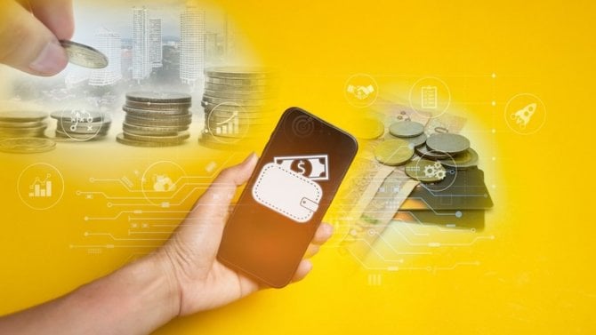 Koncept digitální peněženky, která řídí používání pomocí blockchainu a chytrých kontaktů