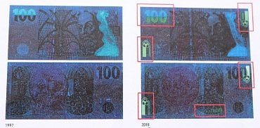 Porovnání staré a inovované emise 100 Kč bankovky pod ultrafialovým světlem. Inovovaná emise má mimo jiné doplněný ornament, který připomíná gotické okno.