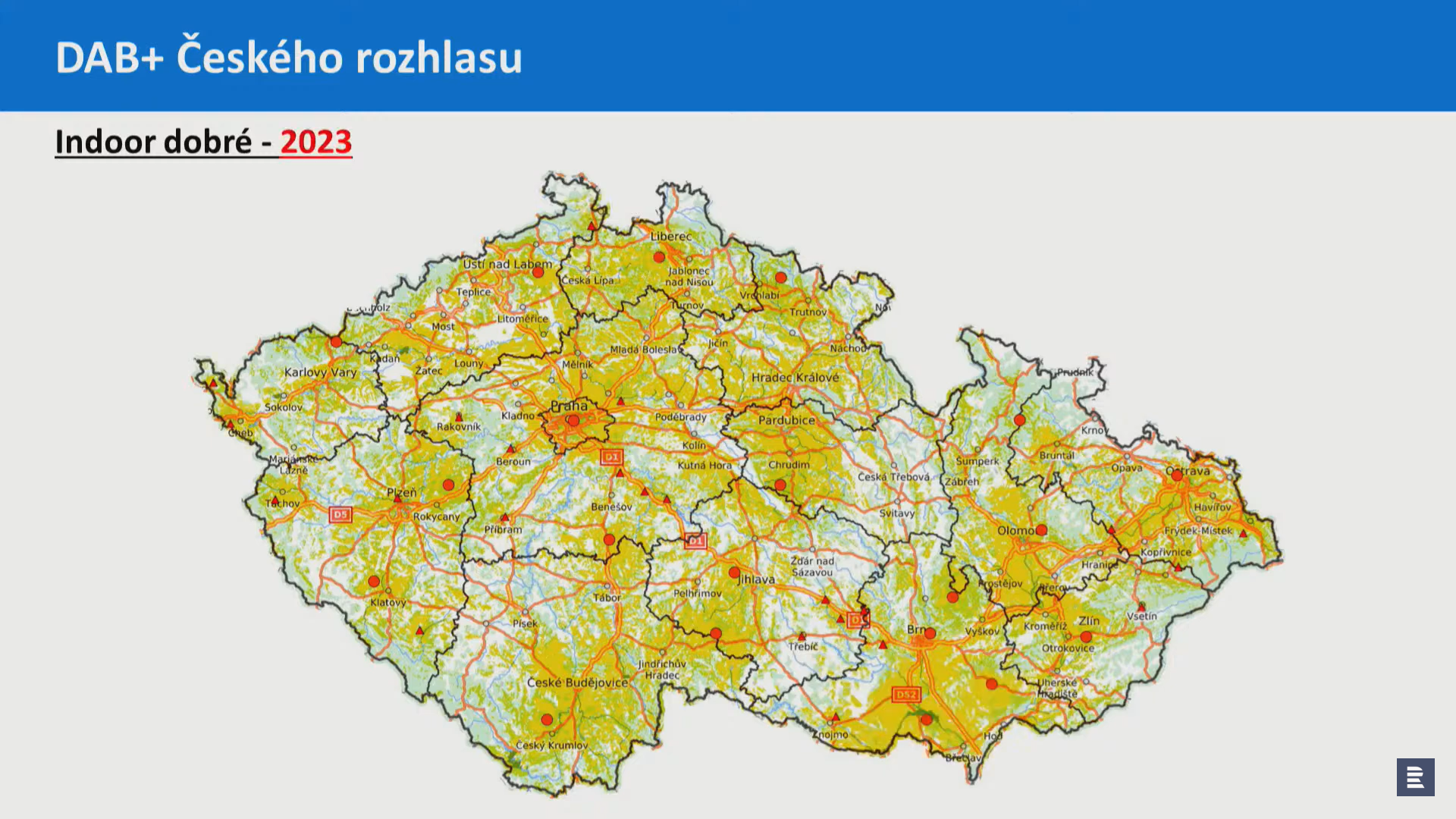 Mapa nejlepšího pokrytí digitální sítě Českého rozhlasu v roce 2023