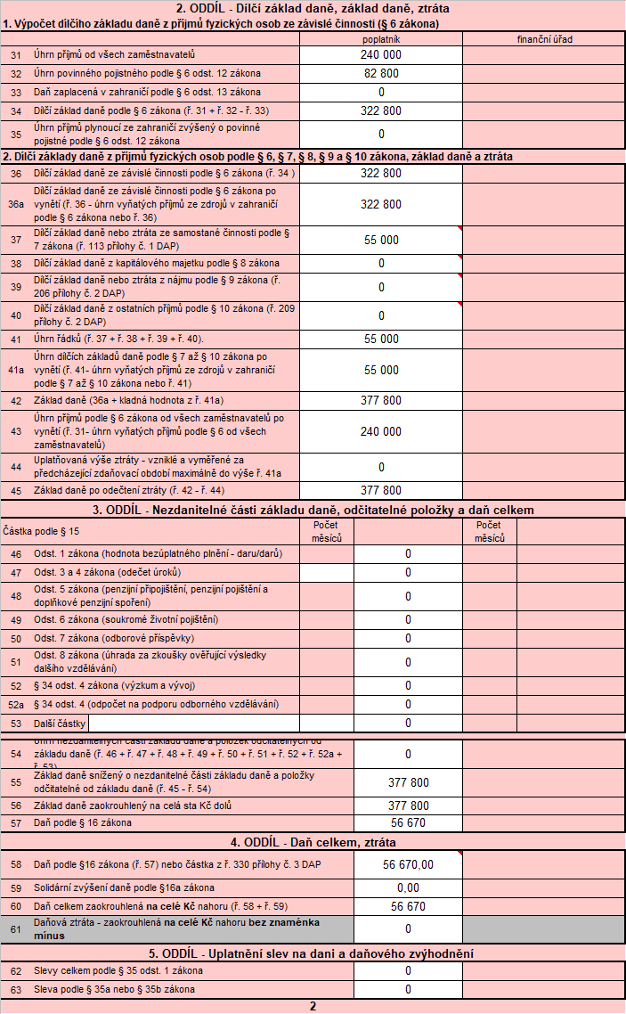 Na řádku 37 se zobrazuje částka, kterou je potřeba zdanit.