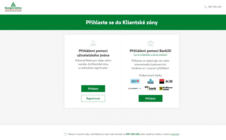 Způsoby přihlášení do klientské zóny Kooperativa pojišťovny