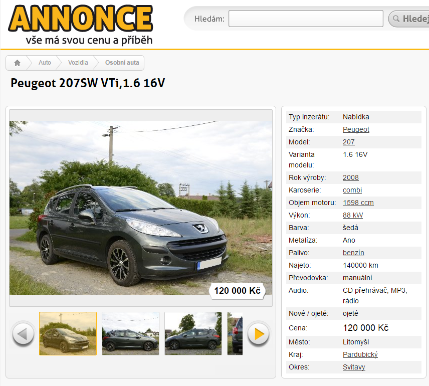 Peugeot 207, server Annonce.cz, inzerentem je soukromá osoba, kilometry v pořádku