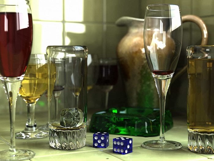 Gilles Tran: Glasses. Příklad ray tracingového obrazu s realistickými lesky, osvětlením a stíny