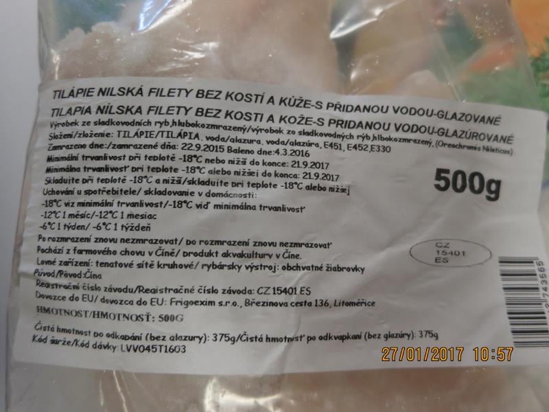 AHOLD, Praha 10: TILÁPIE NILSKÁ FILETY BEZ KOSTÍ A KŮŽE S PŘIDANOU VODOU - GLAZOVANÉ - výrobek původem z Číny měl nižší obsah masa, než bylo uvedeno na obale - nižší čistou hmotnost po odkapání (bez glazury)