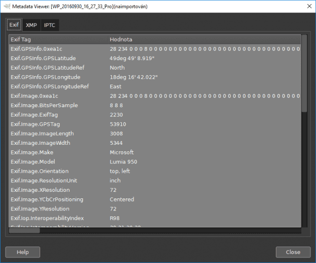 Zobrazení EXIFu je zatím hodně nepřehledné