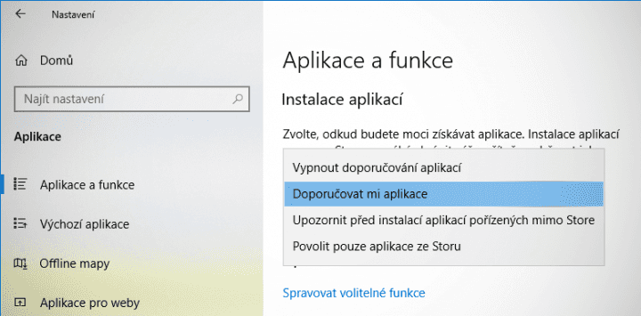 Windows 10 v1809 zatím preferuje novou předvolbu, která se vás aspoň občas snaží nasměrovat do Storu
