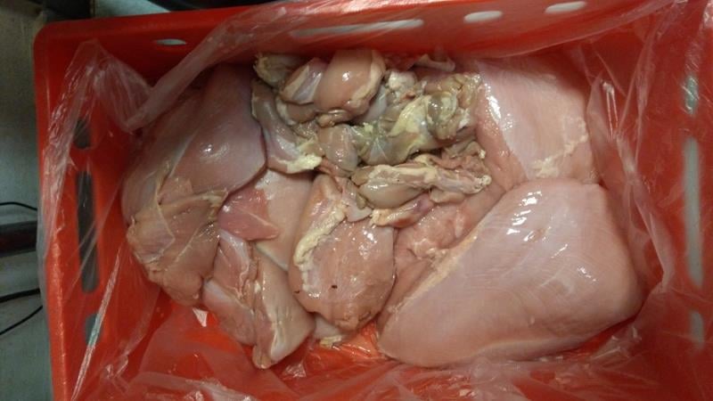 57 nálezů v kategorii nebezpečných potravin. Prodejna Jiří Kozojed, Praha 11-Háje, kuřecí stehenní řízek chlazený, kuřecí prsa. Chlazené kuřecí maso bylo uváděno na trh senzoricky změněné, vykazovalo silný zápach, šedozelenou barvu.