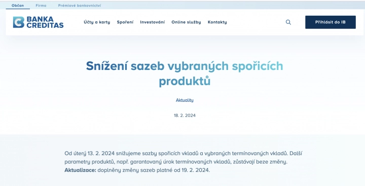 Autor: Dalibor Z. Chvátal Další snížené úrokových sazeb Banky CREDITAS po 6 dnech. O snížení informovala den předem. (19. 2. 2024)