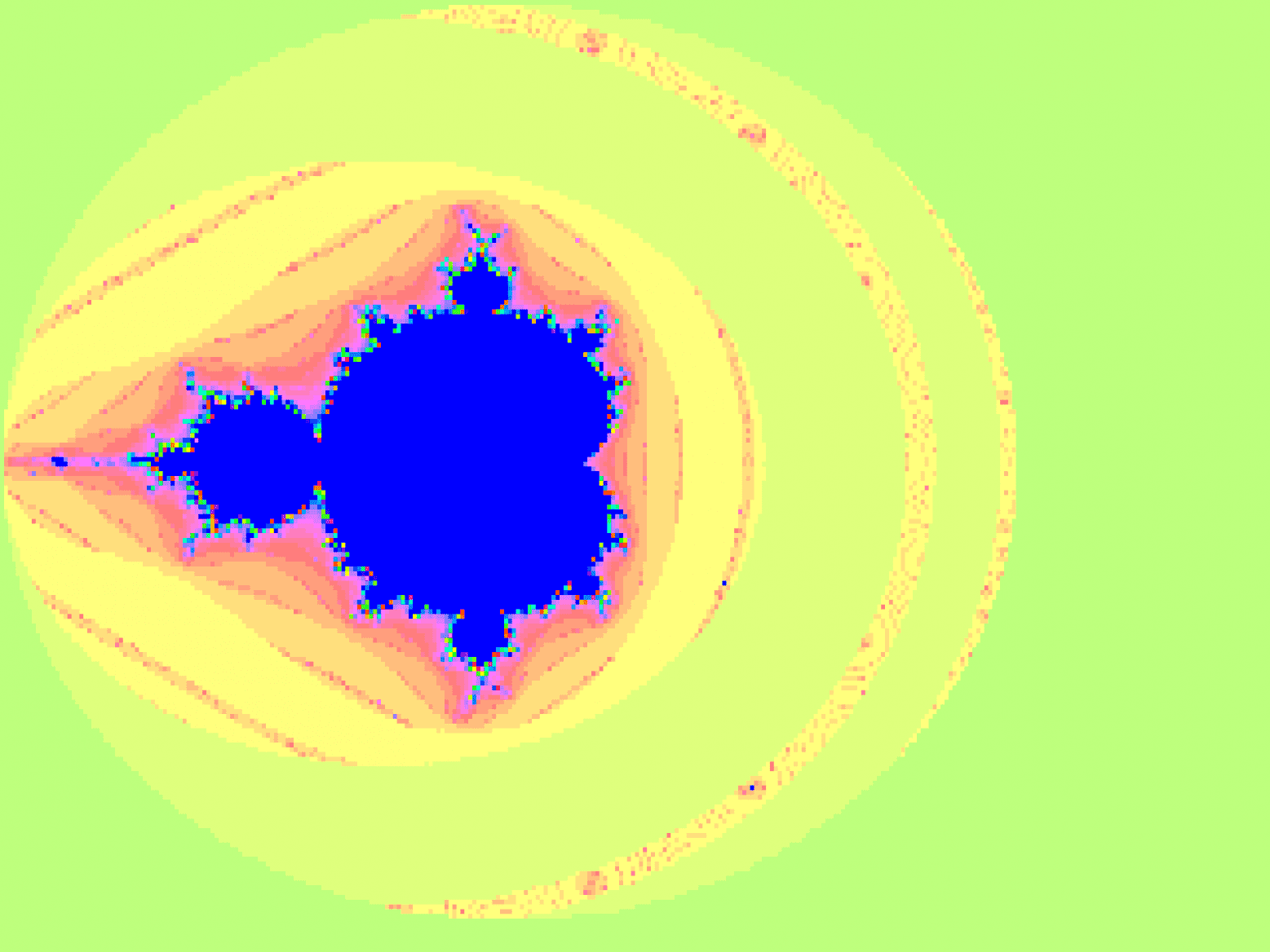 Mandelbrotova množina vykreslená s využitím kódu používajícího pouze FX operace