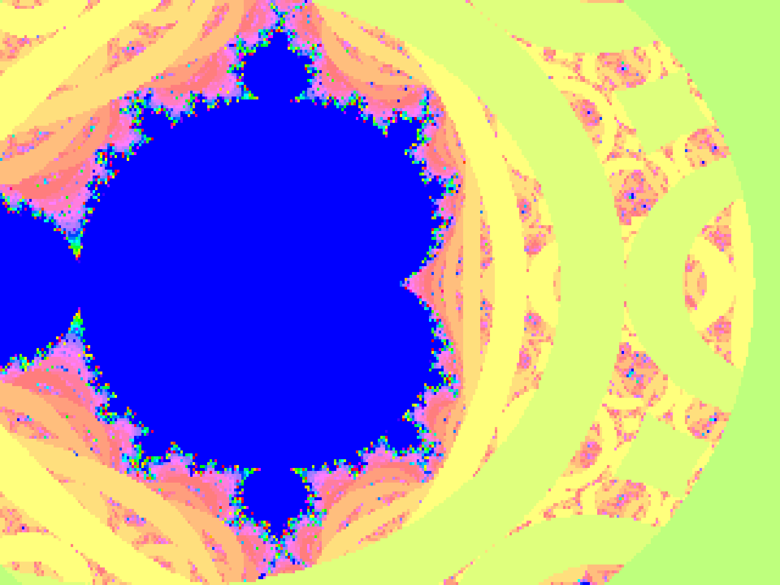 Mandelbrotova množina vykreslená s využitím kódu používajícího pouze FX operace