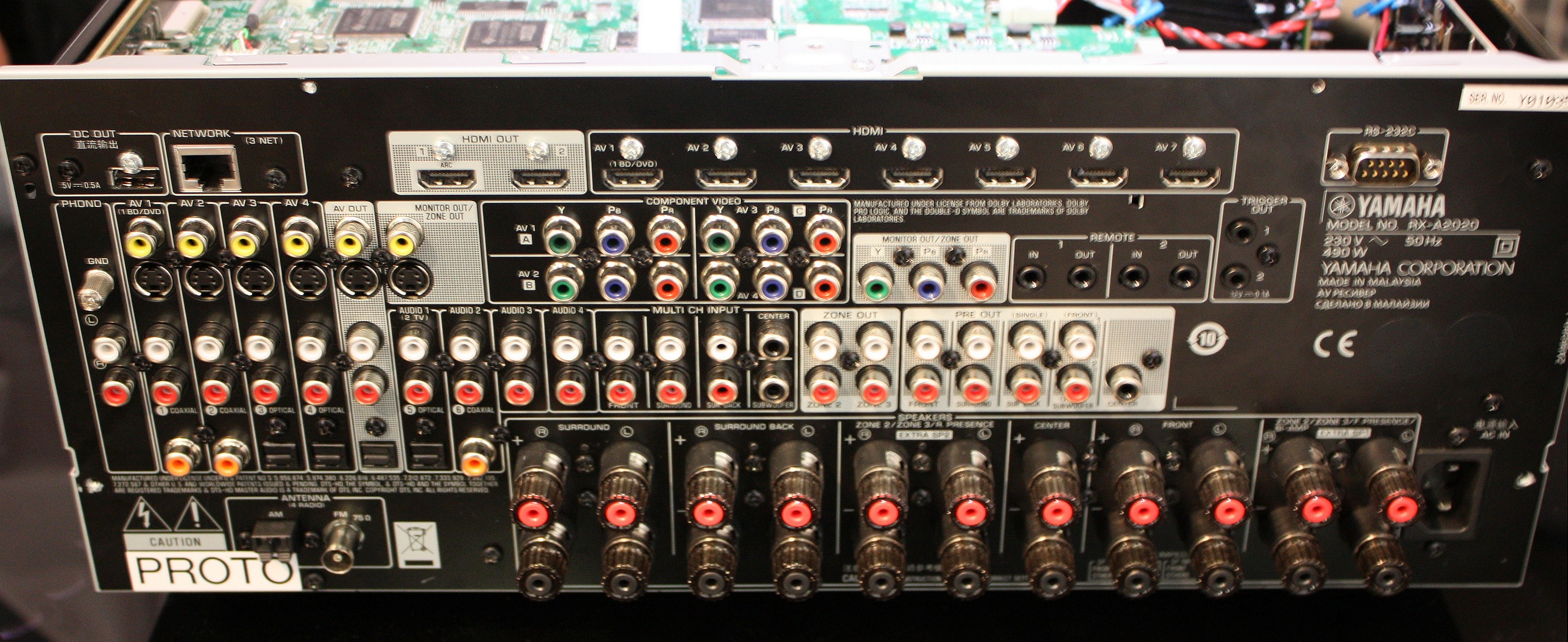 Zadní panel AV receiveru Yamaha RX-A2020 se sedmi HDMI vstupy a dvěma výstupy, z nichž jeden je označen ARC.