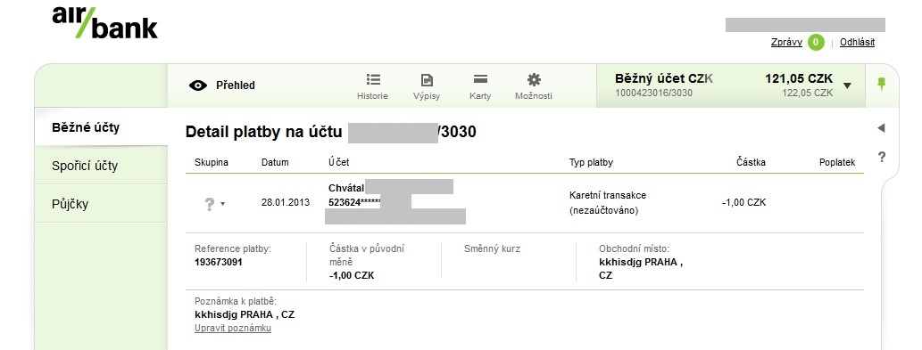 Blokace transakce u Air Bank