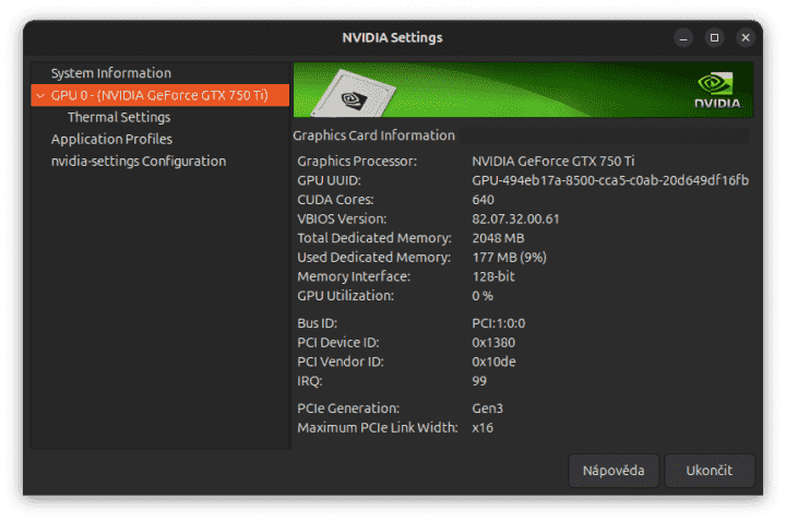 Autor: David Ježek, podle licence: <a href="http://creativecommons.org/licenses/by-sa/4.0/deed.en">CC BY-SA 4.0</a> Gainward GeForce GTX 750 Ti Golden Sample a ovladač Nvidia 580 v Ubuntu 25.10