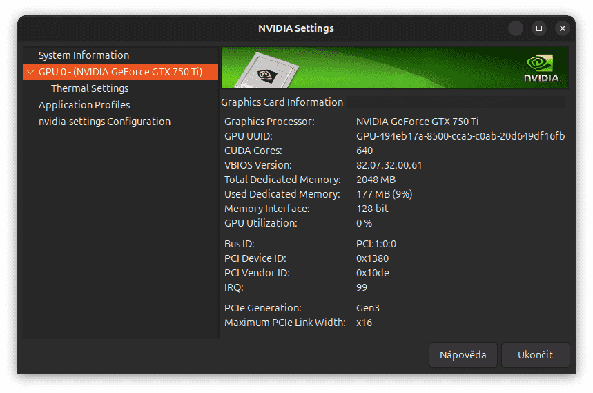 Gainward GeForce GTX 750 Ti Golden Sample a ovladač Nvidia 580 v Ubuntu 25.10