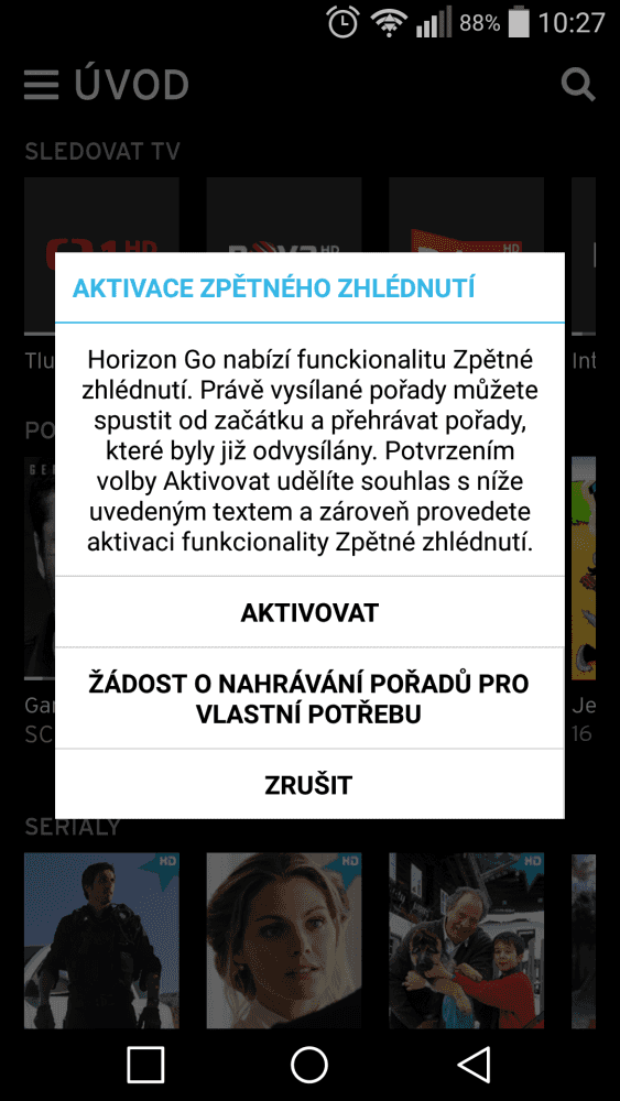 UPC Horizon Go, mobil - zpětné zhlédnutí 7 dní