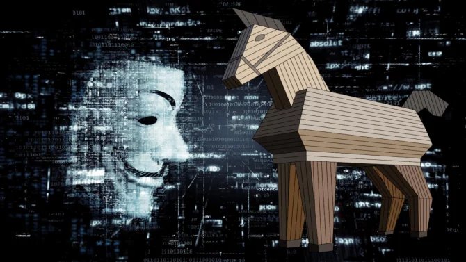Anonymní hacker s trojským koněm.
