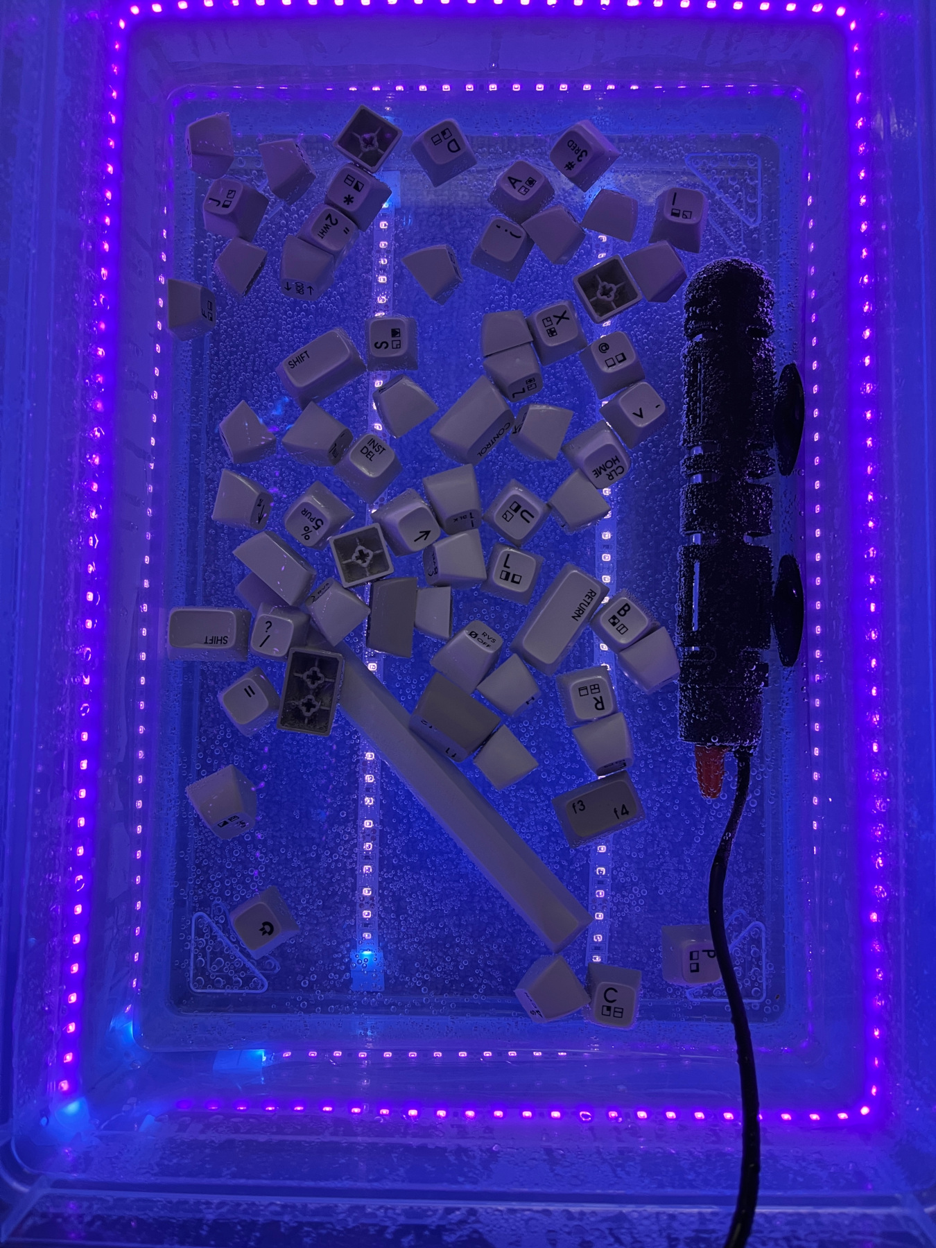 Retrobrightingová lázeň kláves. Ty mají bohužel tendenci takto plavat.