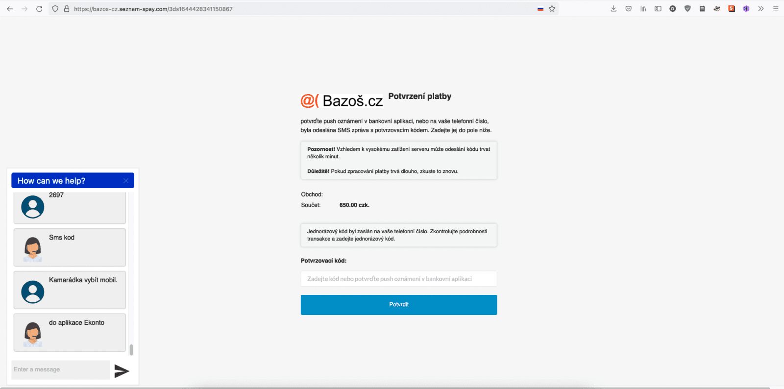 Chronologický začátek komunikace s podvodníkem. Přes podvodný web a podvodnou platební bránu až po chat se "zákaznickou podporou". (09. 02. 2022)