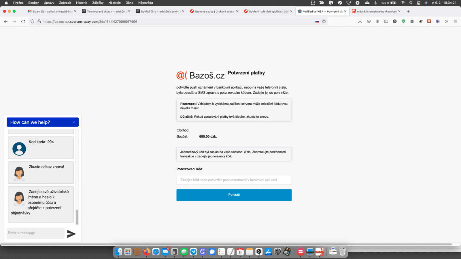Chronologický začátek komunikace s podvodníkem. Přes podvodný web a podvodnou platební bránu až po chat se "zákaznickou podporou". (09. 02. 2022)