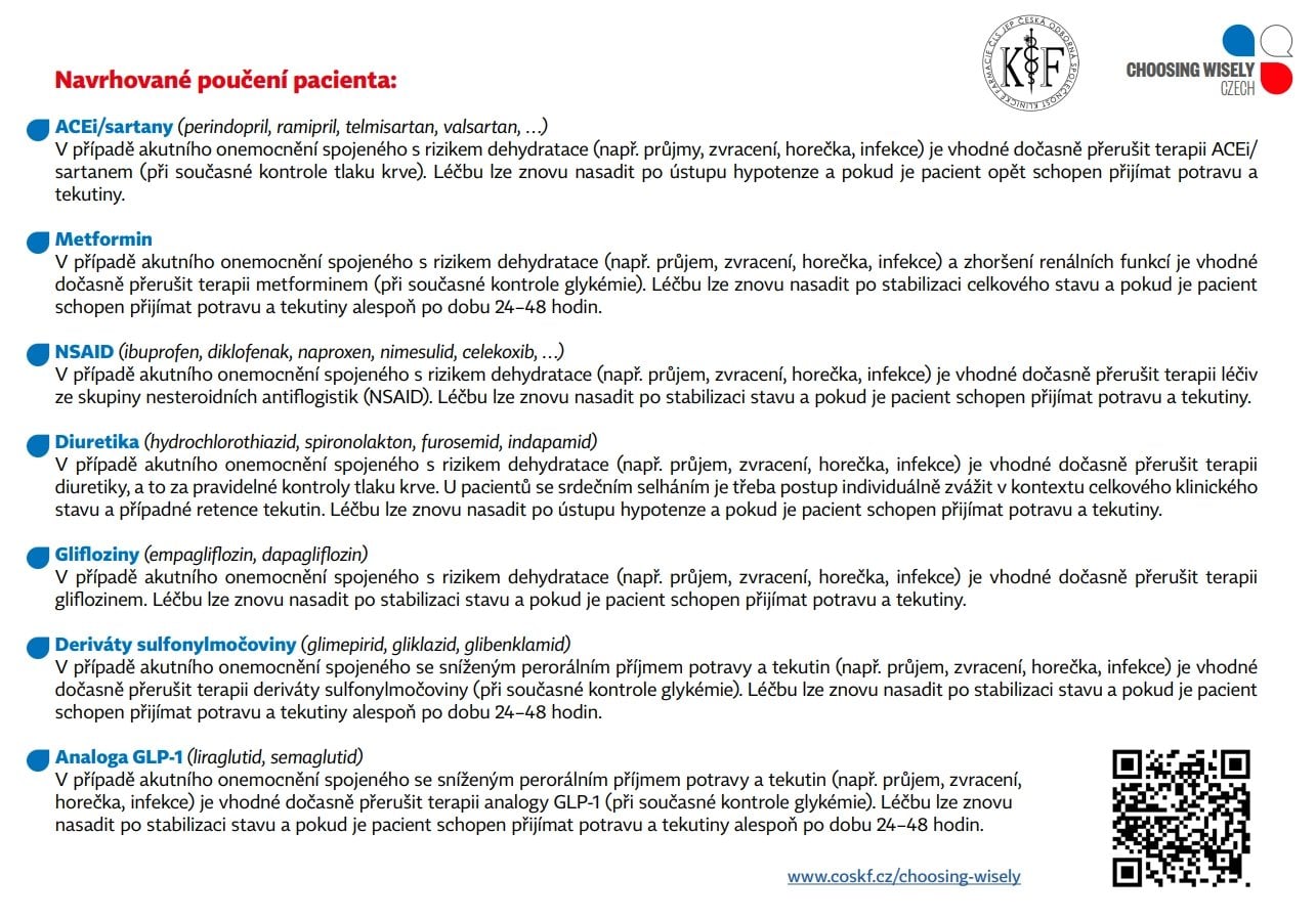 Manuál České odborné společnosti klinické farmacie s názvem Sami doma je určený lékařům a pacientům. Přibližuje, které léky mohou při akutní nemoci na pár dní vysadit a kdy je bezpečné je znovu začít brát.