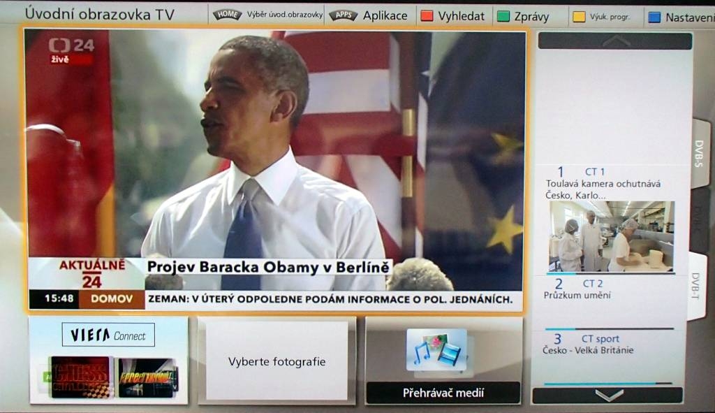 Jedna z několika typů domácích obrazovek ve které v pravém sloupci vidíte obrázek aktuálně vybraného kanálů z druhého tuneru. Stačí jen sjet kurzorem dolů nebo vyjet nahoru a okamžik počkat. Kdykoli si pak v pravém horním rohu můžete jednotlivé části domácí obrazovky upravit a jako prakticky všechno u tohoto televizoru to jde snadno a svižně. I tady Panasonic rozhodně boduje!