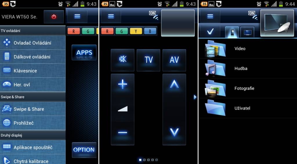 Výběr ze základních možností ovládací aplikace Panasonic Media Remote 2 pro Android. Zcela vpravo pak vidíte možnosti pro Swipe & Share, tedy bezdrátové odeslání multimédií na televizor (Samsung Galaxy SII).