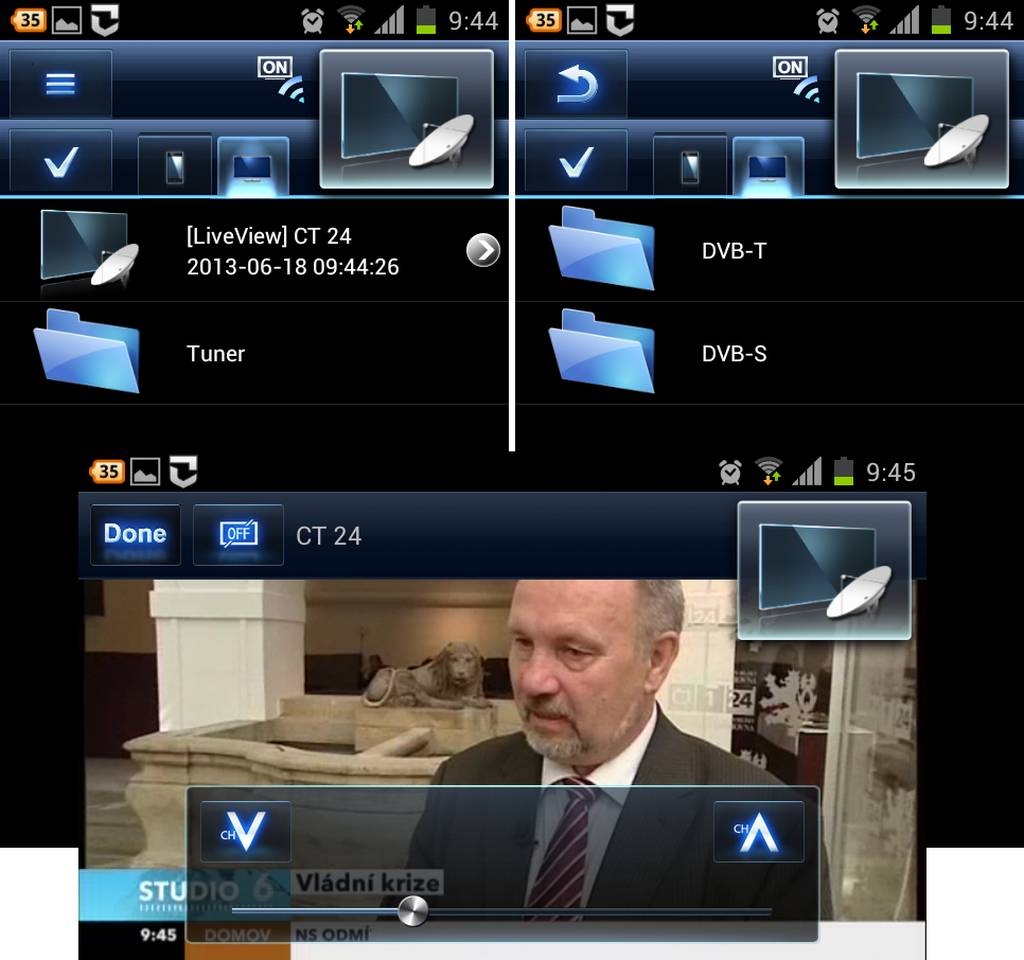 Panasonic Media Remote 2 – práce s tunerem. Vlevo nahoře je vidět možnost zvolit buď tuner nebo aktuální živé televizní vysílání, na druhém pak výběr mezi typy tunerů. Na spodním obrázku je pak vidět výsledek s možností přepínat kanály. 