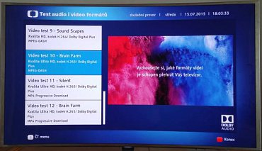V HbbTV na ČT nově najdete i test A/V formátů s dvanácti zvukovými a obrazovými kodeky, včetně Ultra HD/HEVC. Televizor všechny zvládl na jedničku a doufejme, že to ČT vydrží protože je to ideální test.