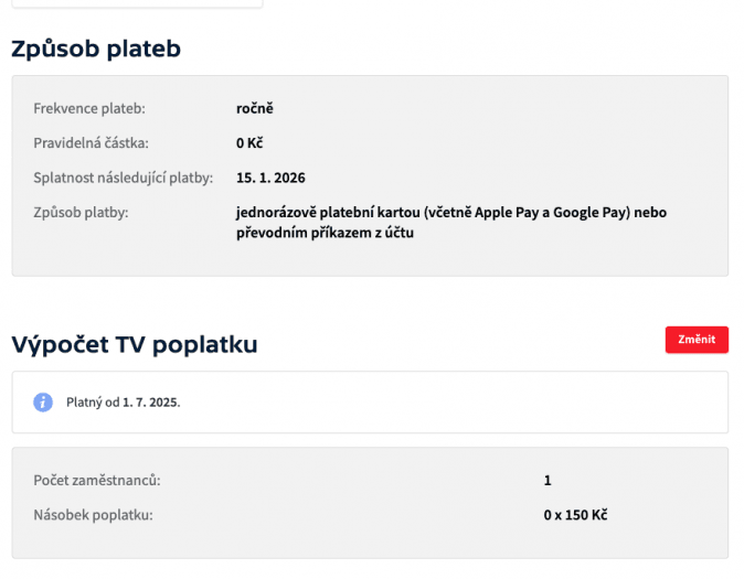 Po registraci s.r.o. je zobrazen nulový poplatek. Firma má 1 zaměstnance a žádná pronajímaná auta.