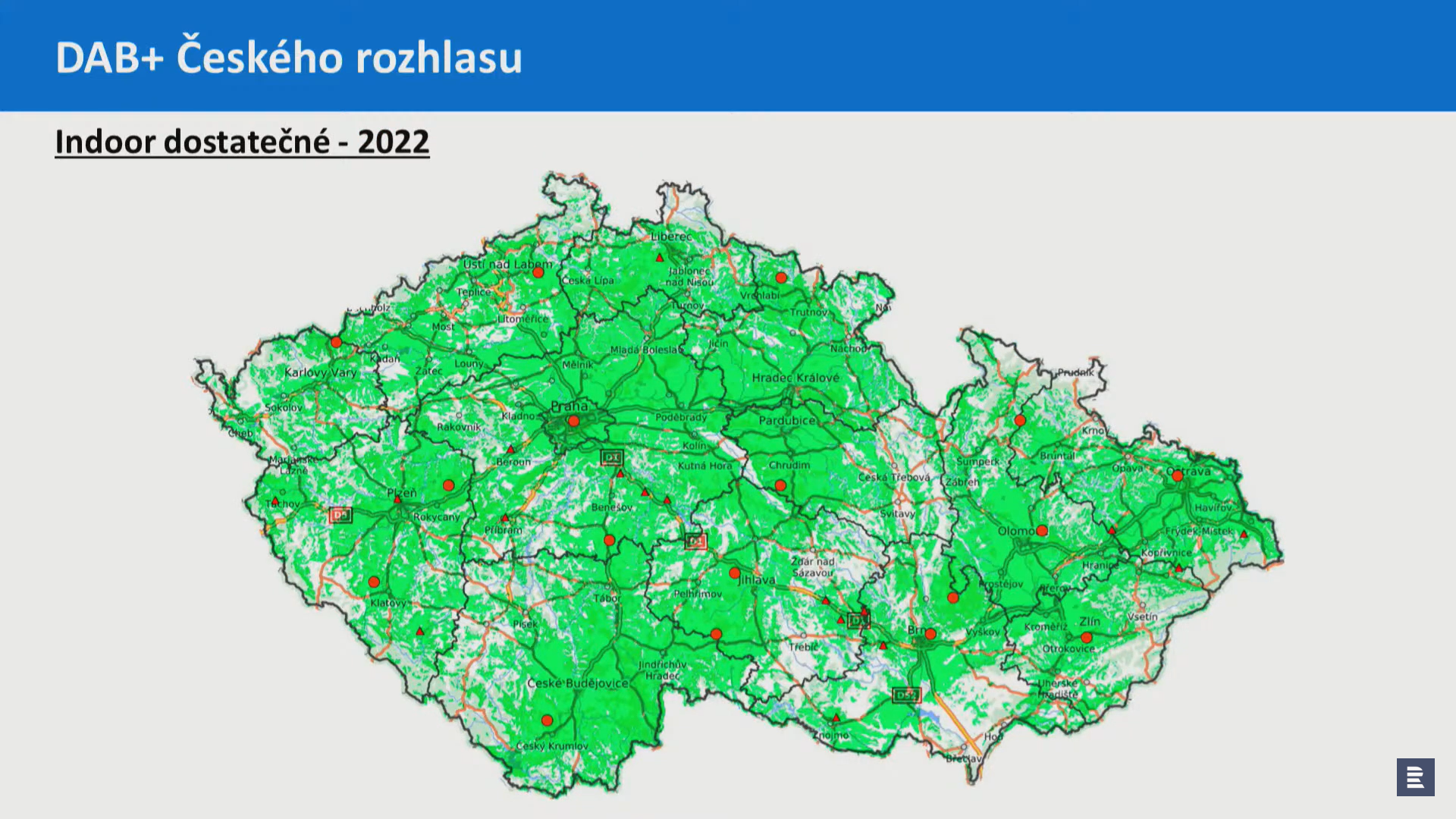 Stav pokrytí digitálním vysíláním Českého rozhlasu na úrovni indoor-dostatečná.