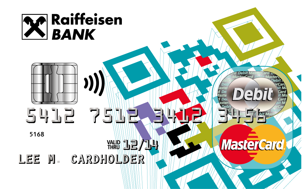 Embossovaná debetní platební karta MasterCard Raiffeisenbank.