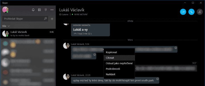 Skype automaticky na změnu režimu zareaguje a ve tmavé je i jeho kontextová nabídka