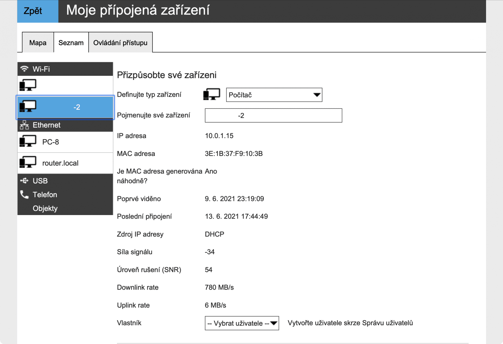 Detaily připojeného zařízení. Rychlost chybně v MB/s