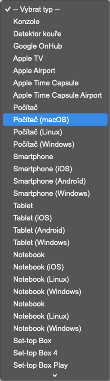 Při zařazování zařízení lze vybrat z opravdu dlouhého seznamu