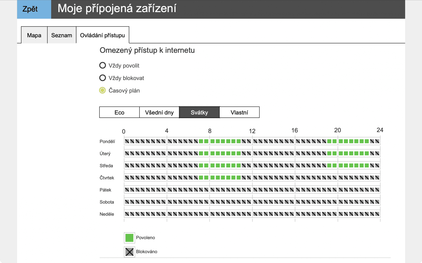 Omezení přístupu konkrétního zařízení k Internetu ve svátky. Ty jsou nadefinované velmi zvláštně.