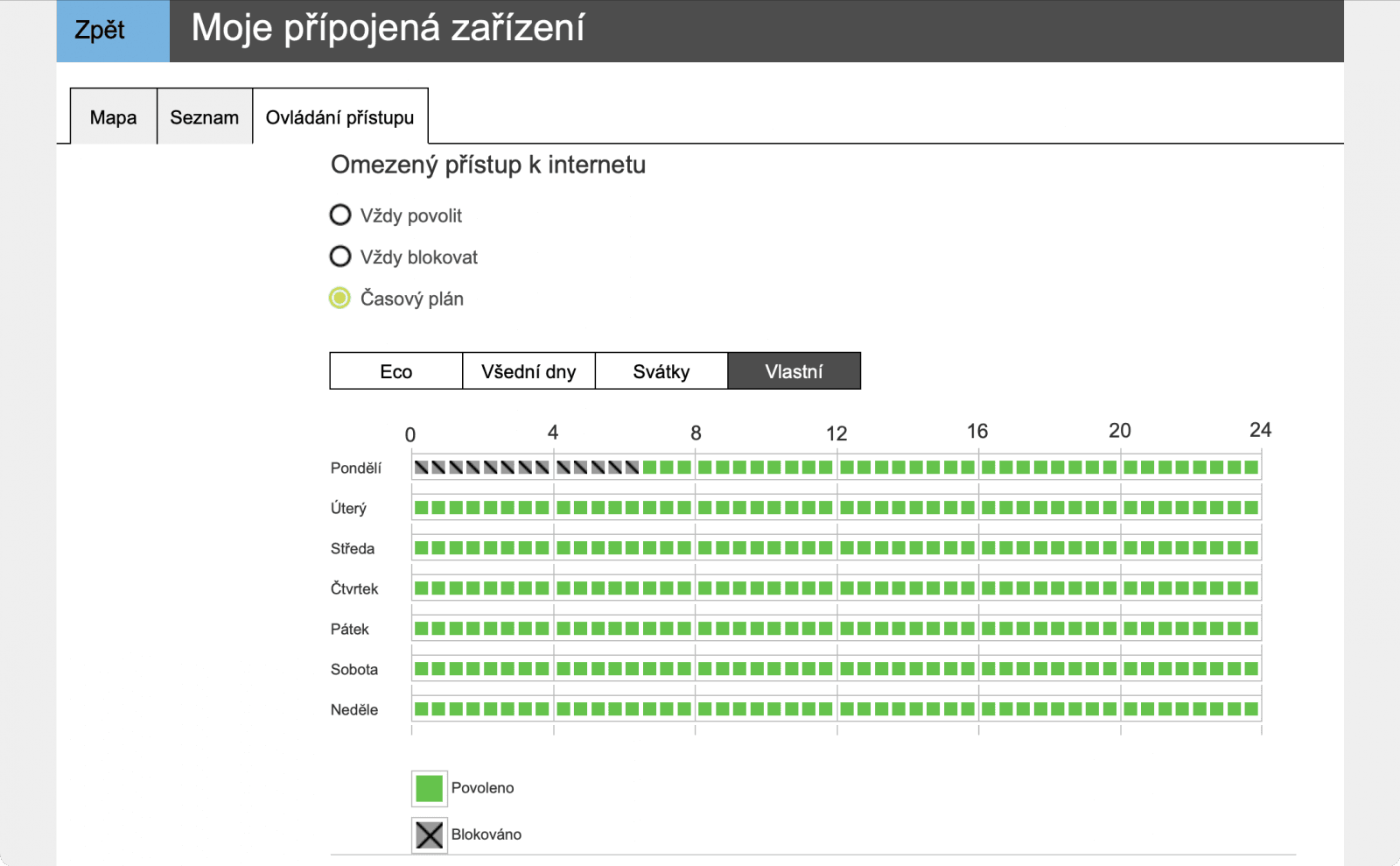 Rodičovská kontrola: omezení přístupu na "školní noc" v mobilní aplikaci, na webu se ale zobrazuje velmi podivně