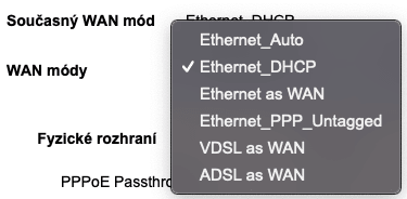 Podporované režimy WAN (připojení k Internetu).
