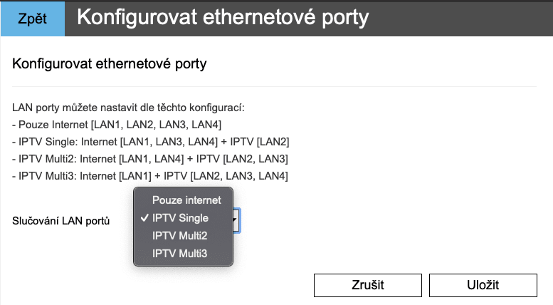 Nastavení LAN portů. Lze volit pouze mezi Internetem a IPTV, VOIP zde chybí.