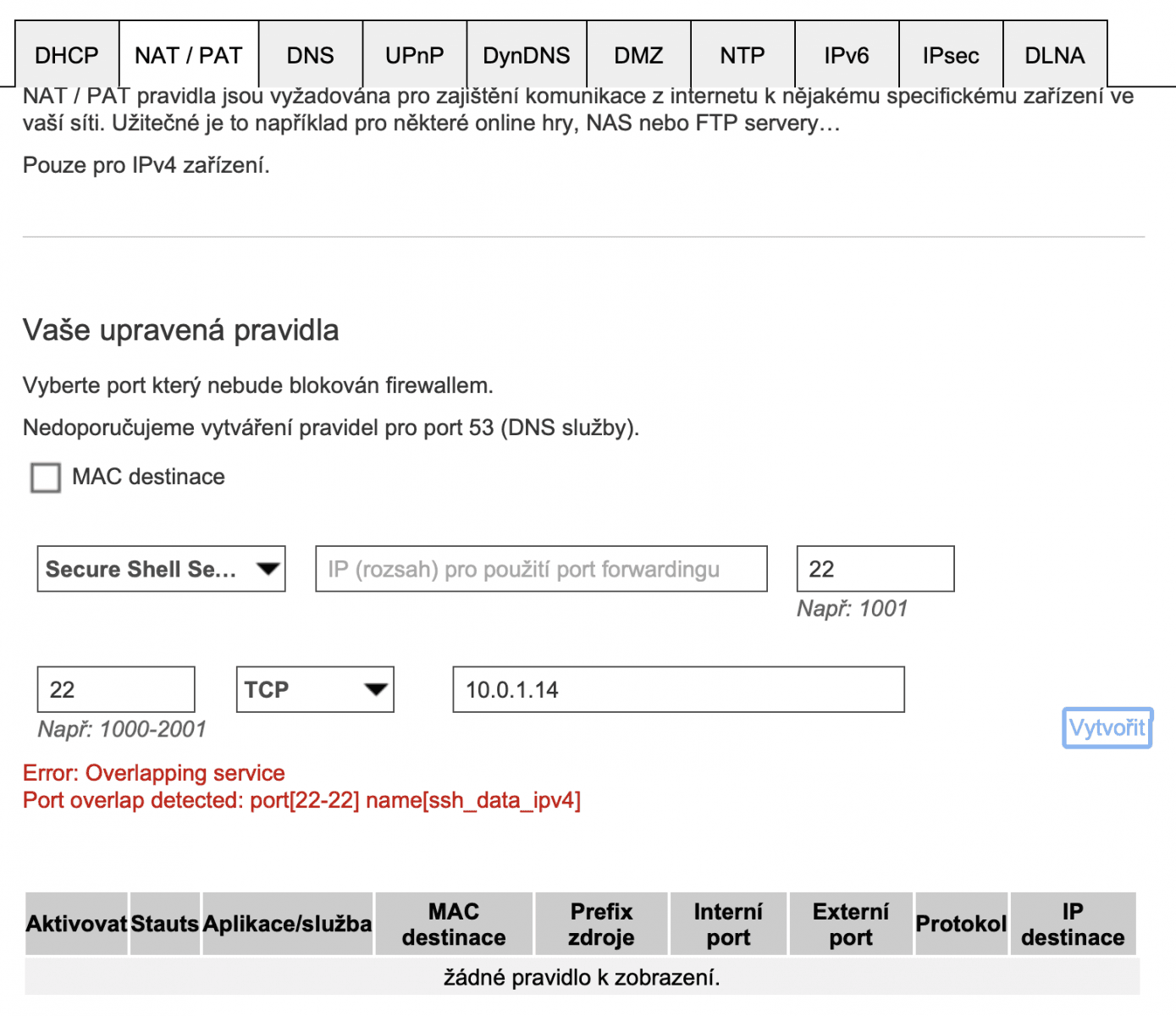 Port forwarding pro SSH: port 22 na vnější IP nelze využít, port 2222 ano