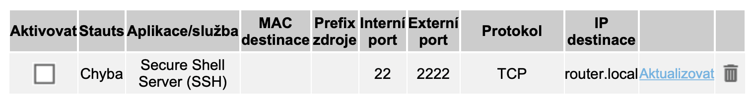Pravidla port forwardingu se občas deaktivují a skončí v chybě