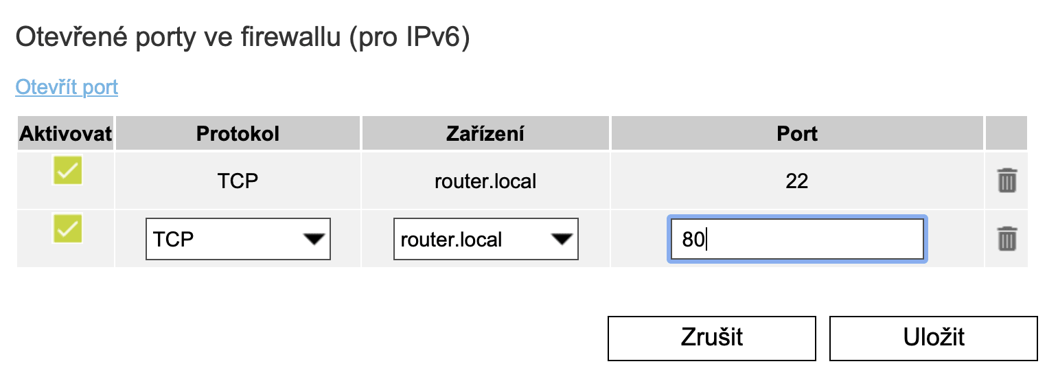 Otevírání portů pro IPv6 funguje, pokud si router všimne zařízení v LAN. Pokud ne, nelze zadat a uložit nic.