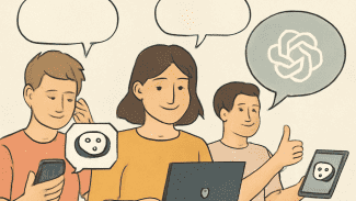 Digitální ilustrace zobrazuje tři neurodivergentní jednotlivce, kteří používají AI chatbot technologie. První postava s ADHD používá smartphone, druhá s dyslexií píše na laptopu a třetí s poruchou autistického spektra drží tablet s ikonou chatbota. Vše je zobrazeno v teplých, zemitých barvách na jemně texturovaném pozadí.