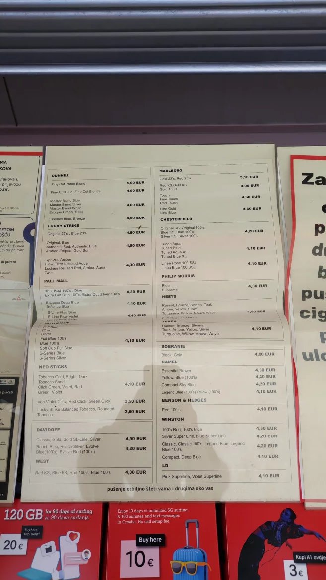 Ceny cigaret v Chorvatsku. Novinový stánek, Baška, ostrov Krk. (9. 6. 2024)