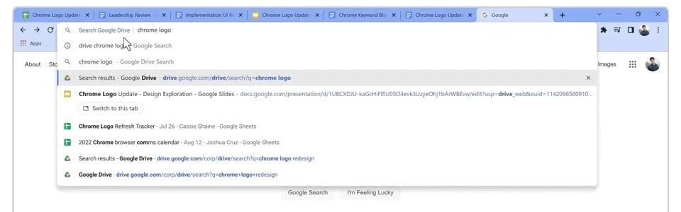 Adresní řádek Chromu s nabídkou Hledat na Disku Google a výsledky pro zadaný výraz.