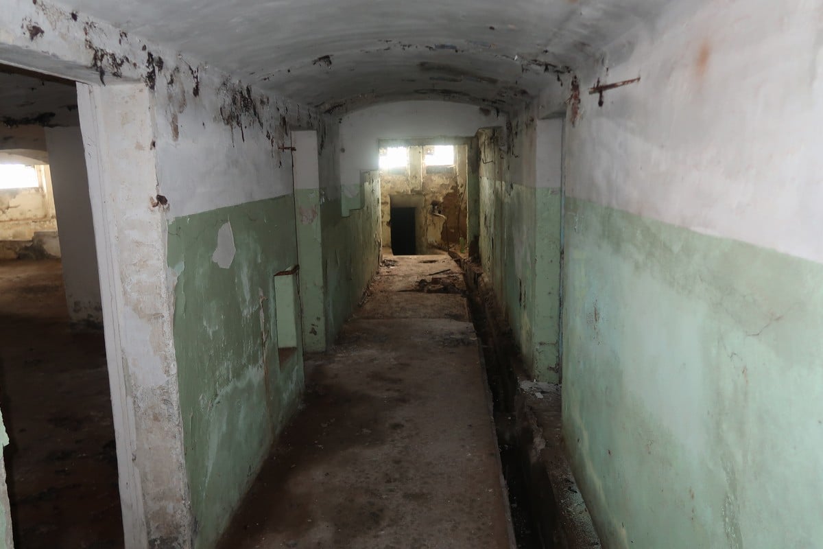 Sklepní chodba, na konci je úzký tunel, který propojuje zámeček se stáčírnou. Vpravo na zemi je koryto, kterým v podzemí vedly trubky od pramene v zámečku až do stáčírny – vedlejší budovy.